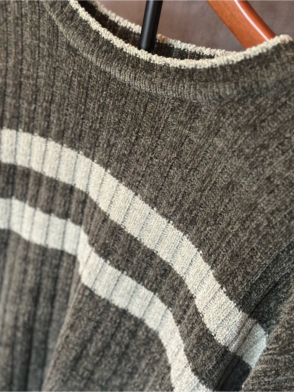 Men's Ribbed Crewneck Sweater in Grey with Cream Stripes